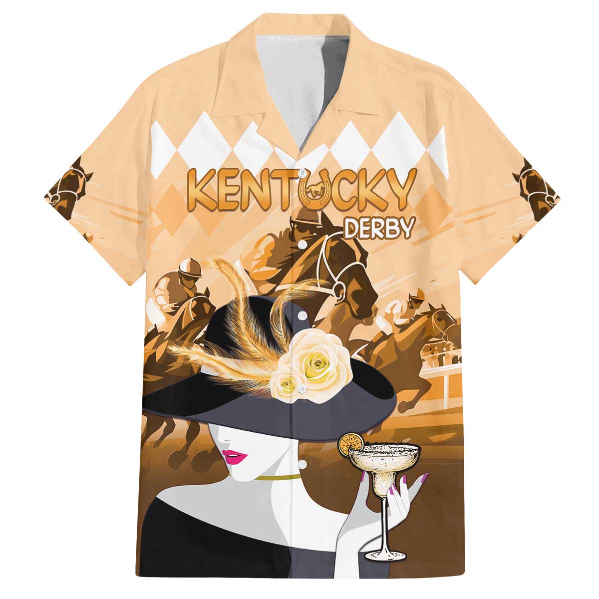 Kentucky Horse Racing Family Matching Off The Shoulder Long Sleeve Dress and Hawaiian Shirt Derby Mint Julep Girl - Gold Pastel LT14
