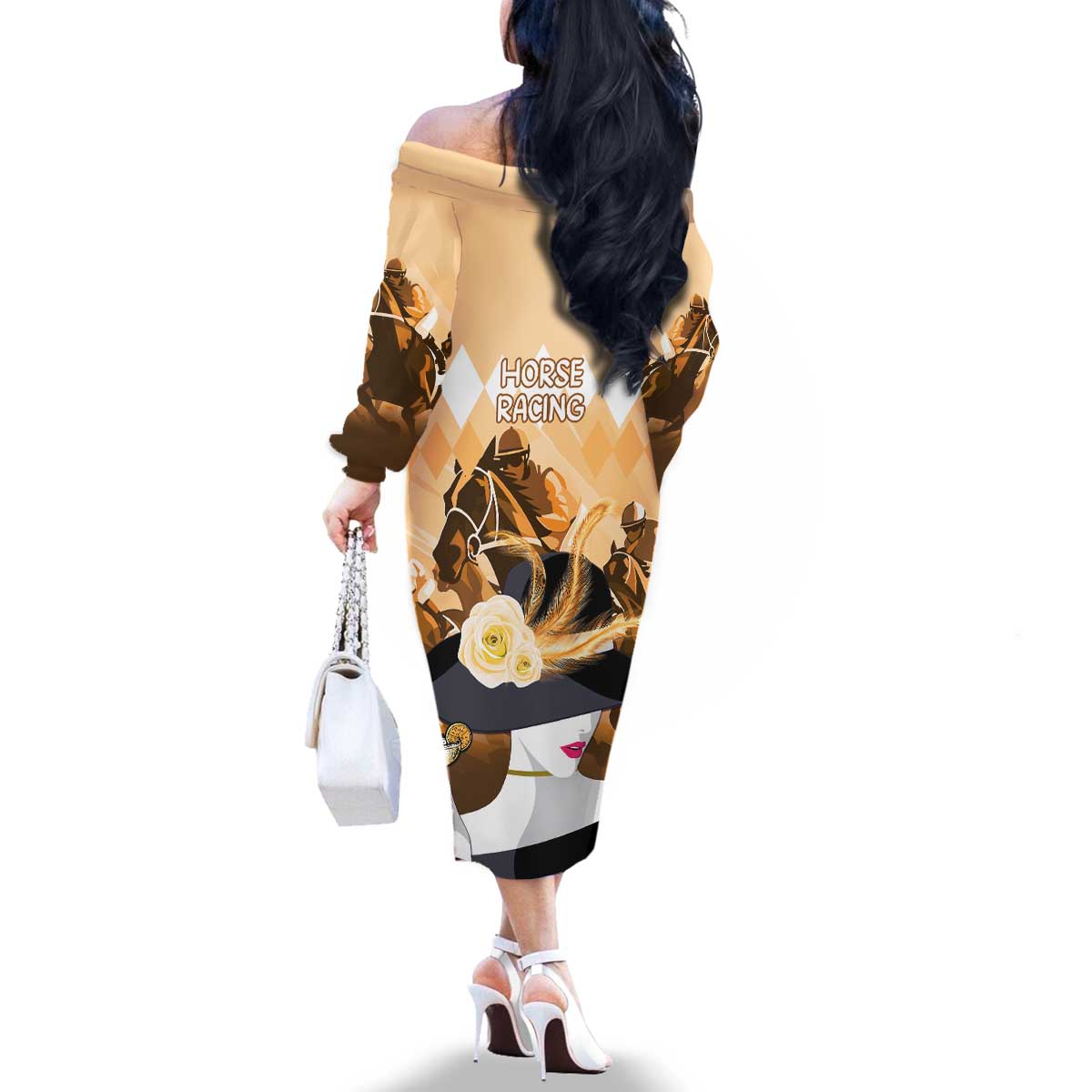 Kentucky Horse Racing Family Matching Off The Shoulder Long Sleeve Dress and Hawaiian Shirt Derby Mint Julep Girl - Gold Pastel LT14