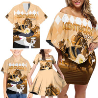 Kentucky Horse Racing Family Matching Off Shoulder Short Dress and Hawaiian Shirt Derby Mint Julep Girl - Gold Pastel LT14
