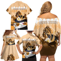 Kentucky Horse Racing Family Matching Off Shoulder Short Dress and Hawaiian Shirt Derby Mint Julep Girl - Gold Pastel LT14