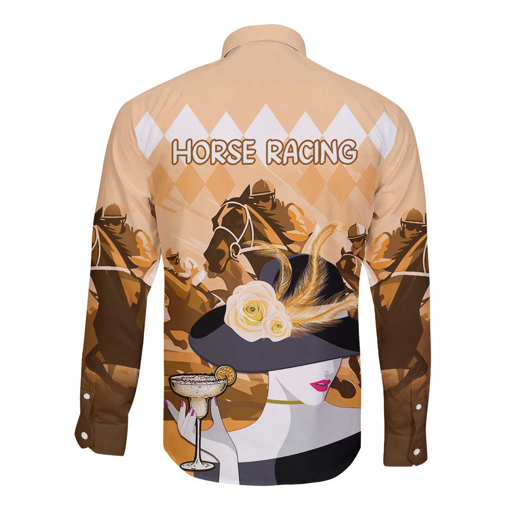 Kentucky Horse Racing Long Sleeve Button Shirt Derby Mint Julep Girl - Gold Pastel LT14