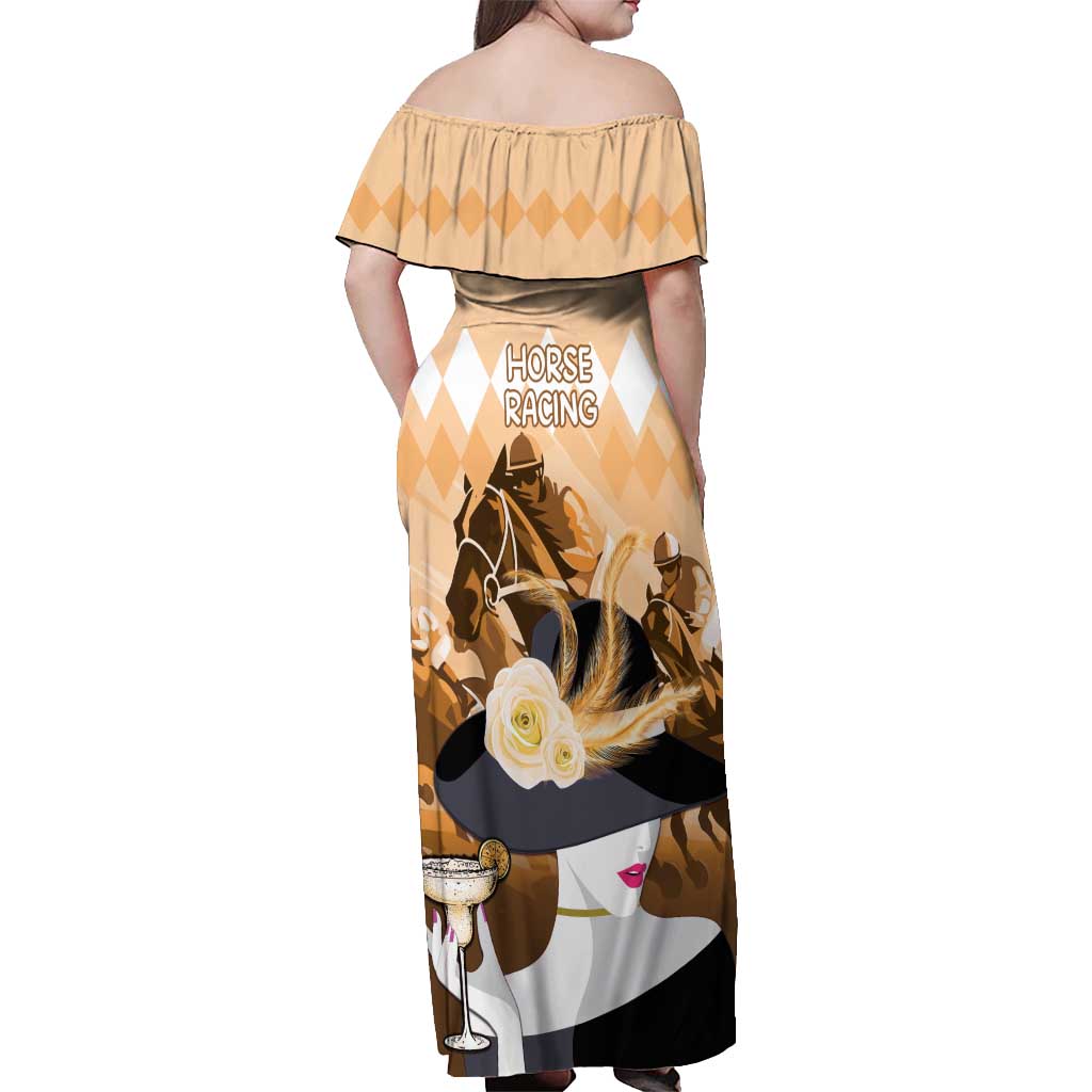 Kentucky Horse Racing Off Shoulder Maxi Dress Derby Mint Julep Girl - Gold Pastel LT14