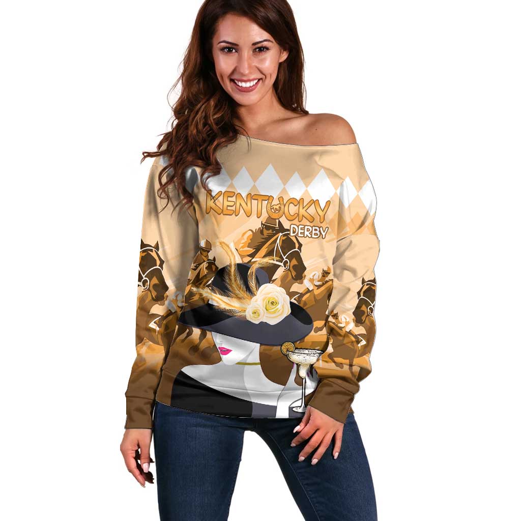 Kentucky Horse Racing Off Shoulder Sweater Derby Mint Julep Girl - Gold Pastel LT14