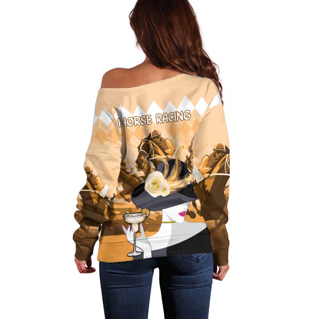 Kentucky Horse Racing Off Shoulder Sweater Derby Mint Julep Girl - Gold Pastel LT14