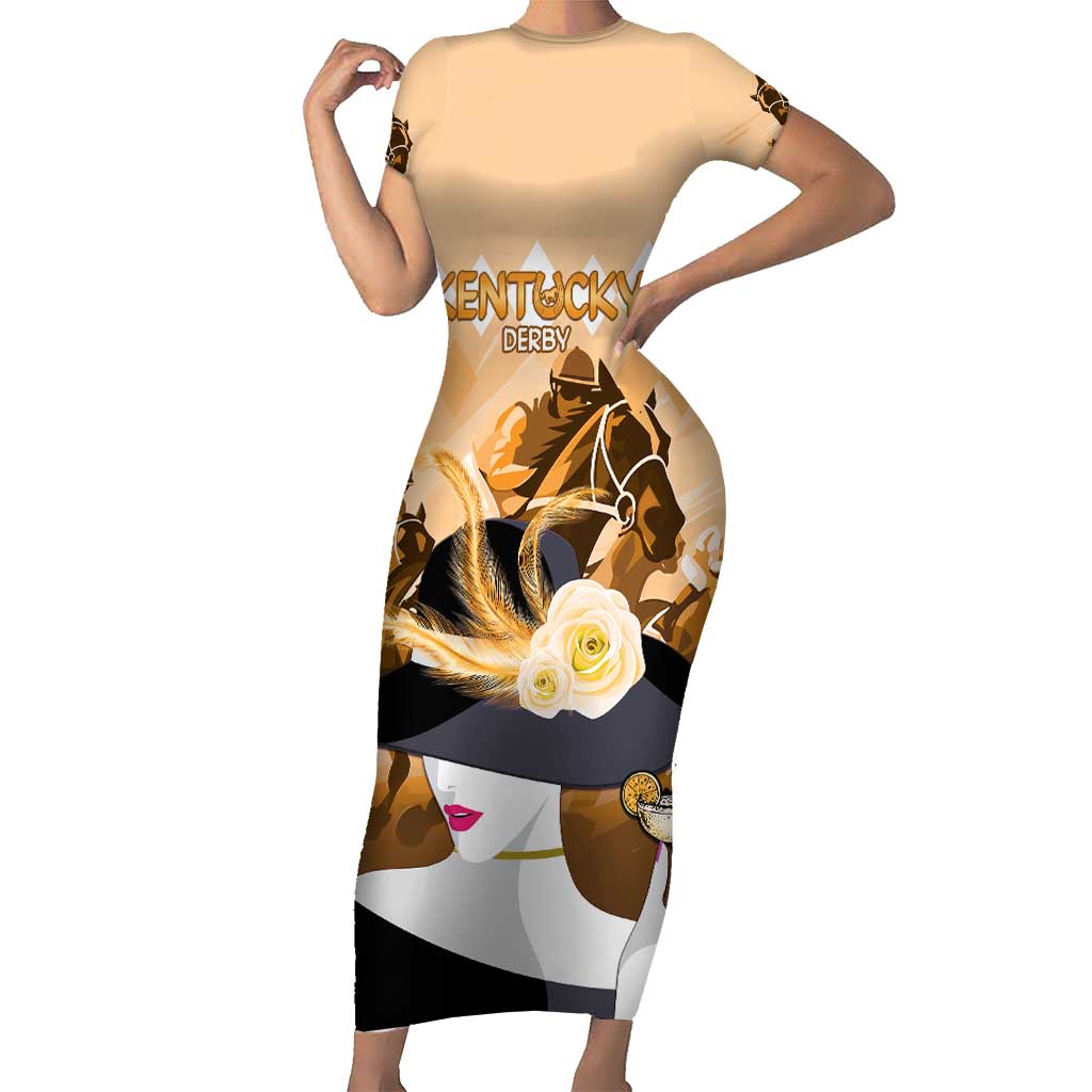 Kentucky Horse Racing Short Sleeve Bodycon Dress Derby Mint Julep Girl - Gold Pastel LT14