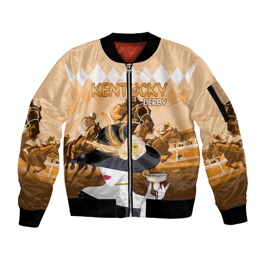 Kentucky Horse Racing Sleeve Zip Bomber Jacket Derby Mint Julep Girl - Gold Pastel LT14