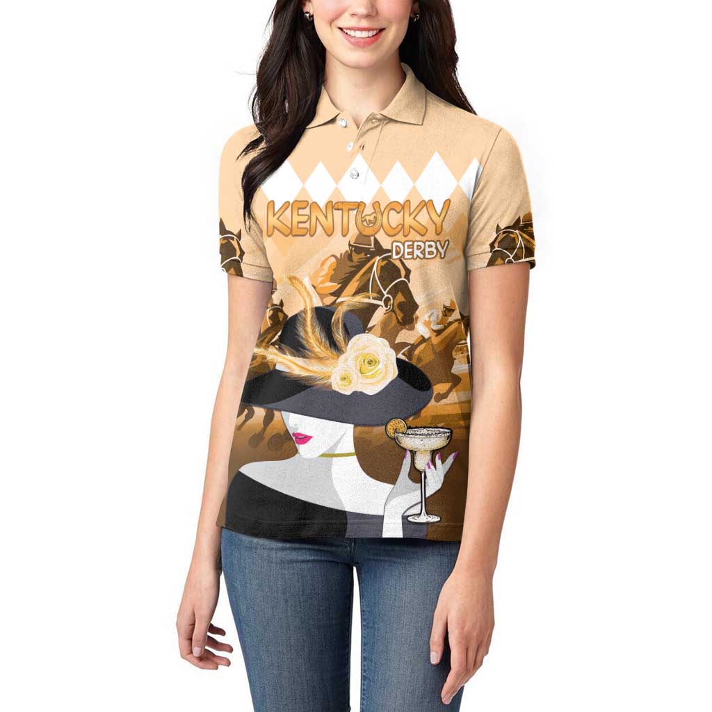 Kentucky Horse Racing Women Polo Shirt Derby Mint Julep Girl - Gold Pastel LT14