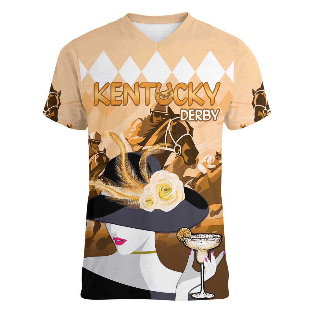 Kentucky Horse Racing Women V-Neck T-Shirt Derby Mint Julep Girl - Gold Pastel LT14