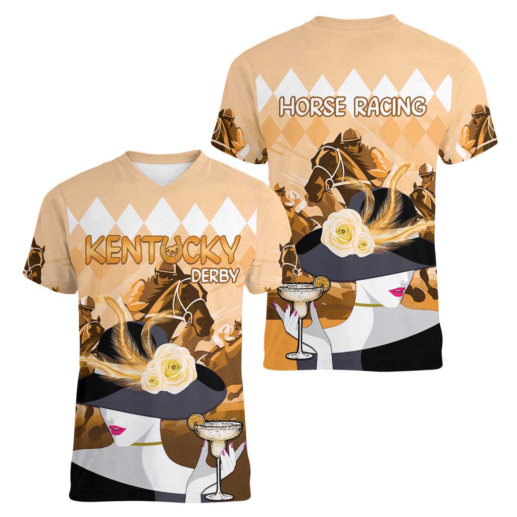 Kentucky Horse Racing Women V-Neck T-Shirt Derby Mint Julep Girl - Gold Pastel LT14