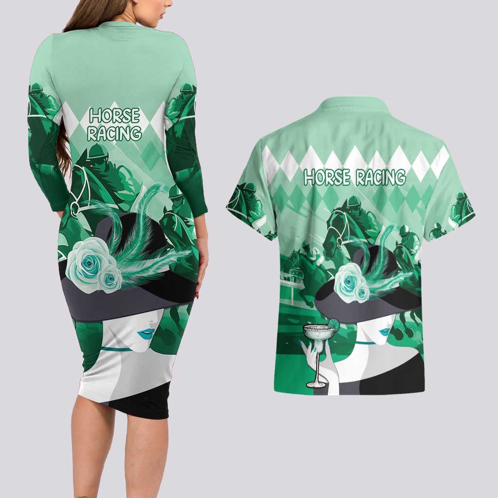 Kentucky Horse Racing Couples Matching Long Sleeve Bodycon Dress and Hawaiian Shirt Derby Mint Julep Girl - Green Pastel LT14