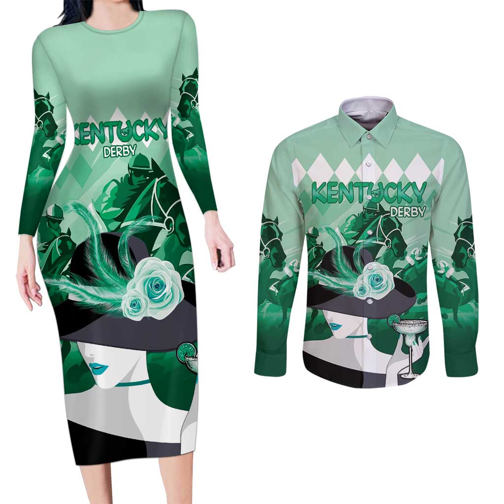 Kentucky Horse Racing Couples Matching Long Sleeve Bodycon Dress and Long Sleeve Button Shirt Derby Mint Julep Girl - Green Pastel LT14