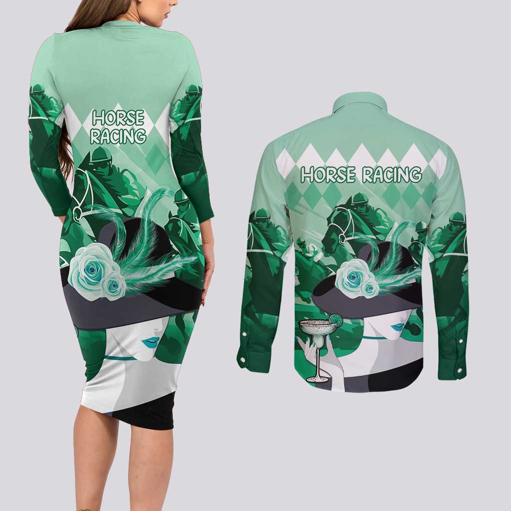 Kentucky Horse Racing Couples Matching Long Sleeve Bodycon Dress and Long Sleeve Button Shirt Derby Mint Julep Girl - Green Pastel LT14