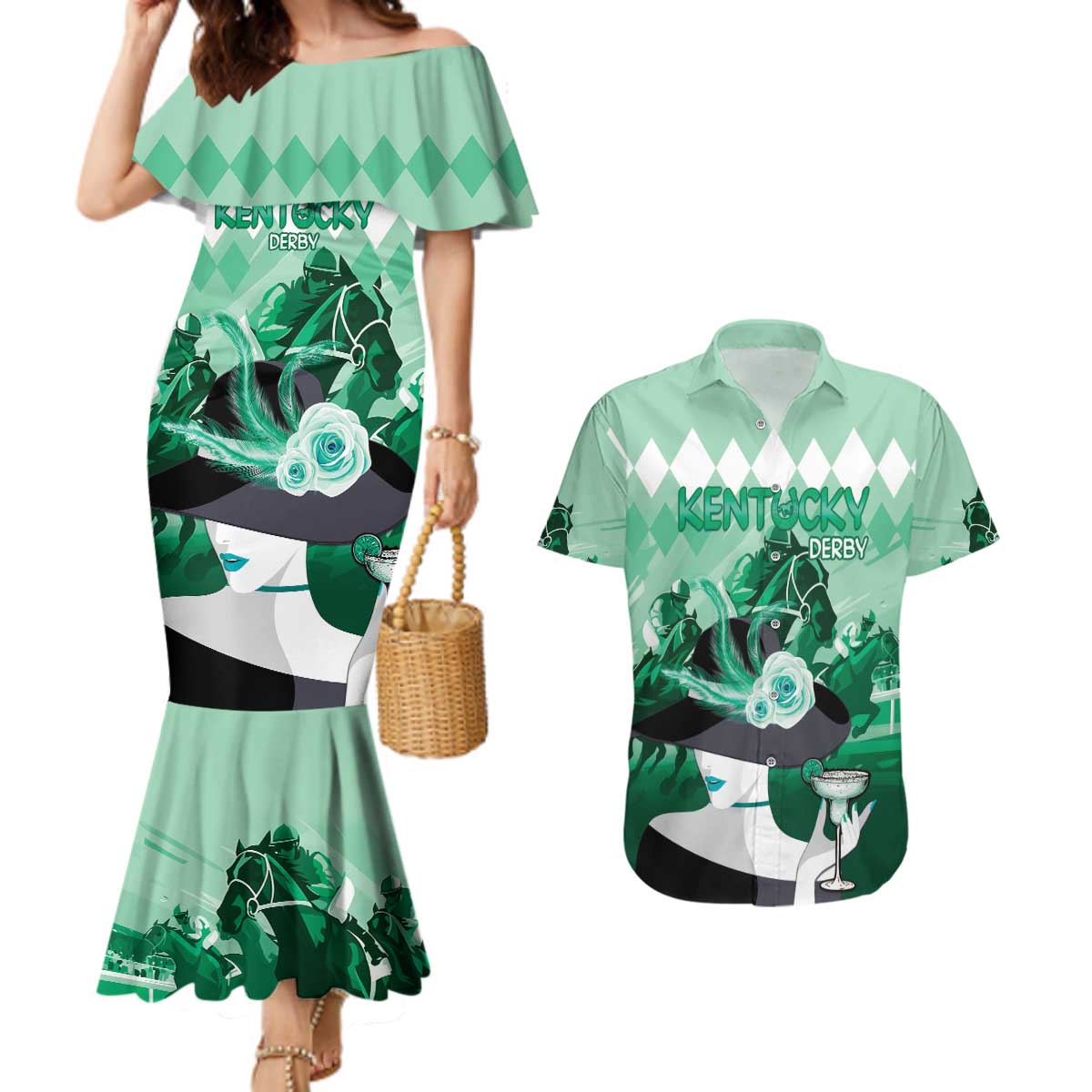Kentucky Horse Racing Couples Matching Mermaid Dress and Hawaiian Shirt Derby Mint Julep Girl - Green Pastel LT14