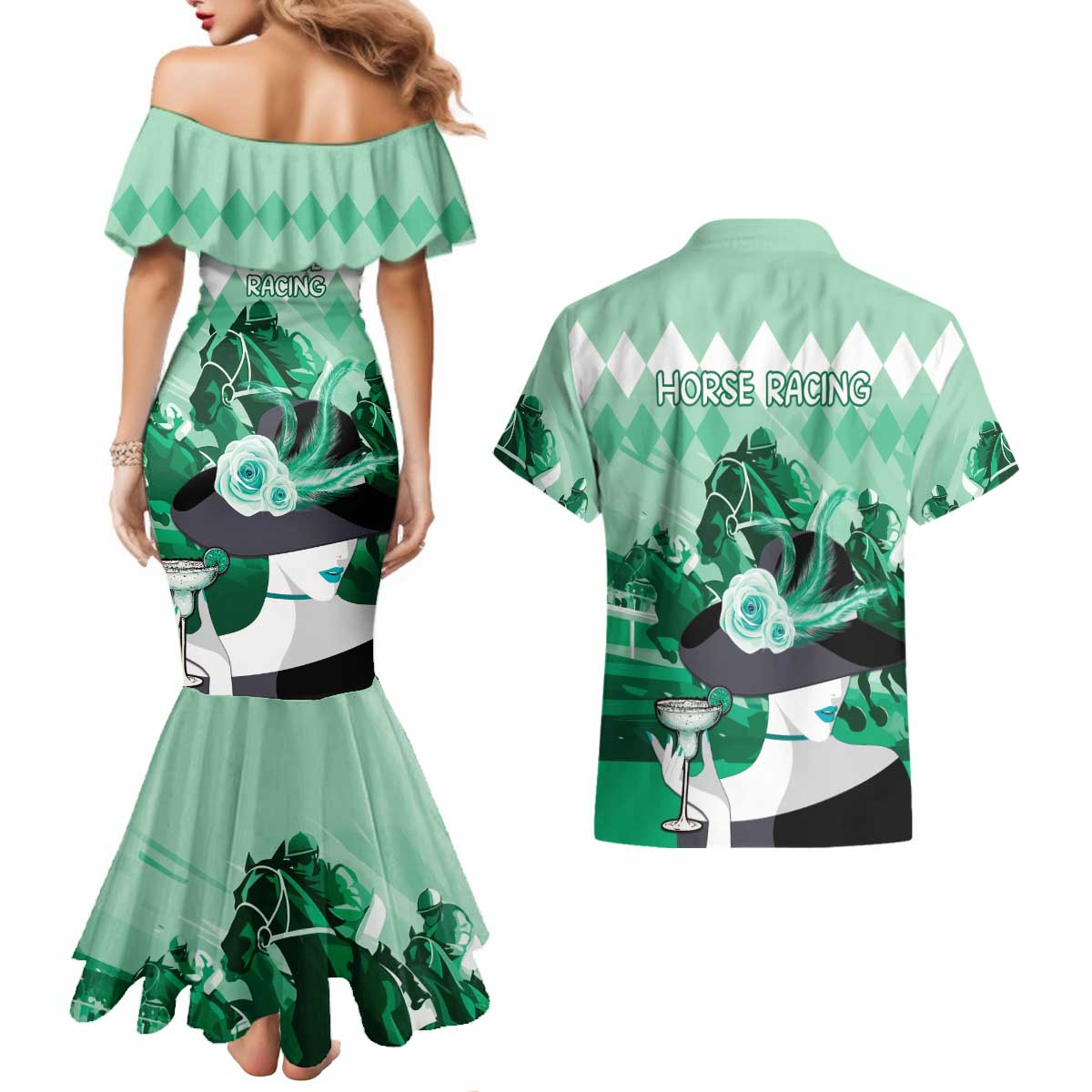 Kentucky Horse Racing Couples Matching Mermaid Dress and Hawaiian Shirt Derby Mint Julep Girl - Green Pastel LT14