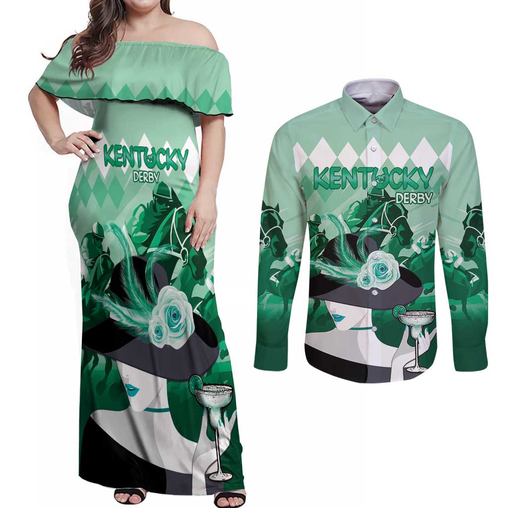 Kentucky Horse Racing Couples Matching Off Shoulder Maxi Dress and Long Sleeve Button Shirt Derby Mint Julep Girl - Green Pastel LT14