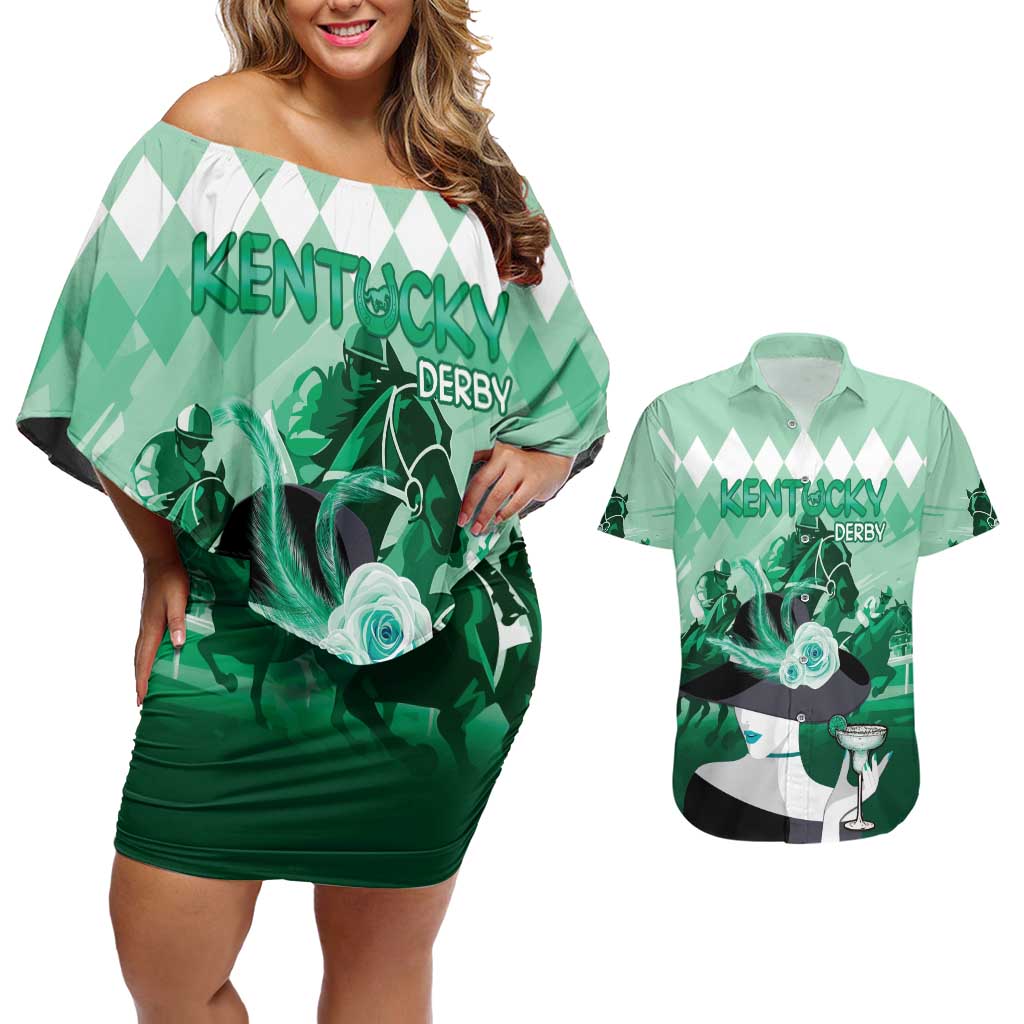 Kentucky Horse Racing Couples Matching Off Shoulder Short Dress and Hawaiian Shirt Derby Mint Julep Girl - Green Pastel LT14