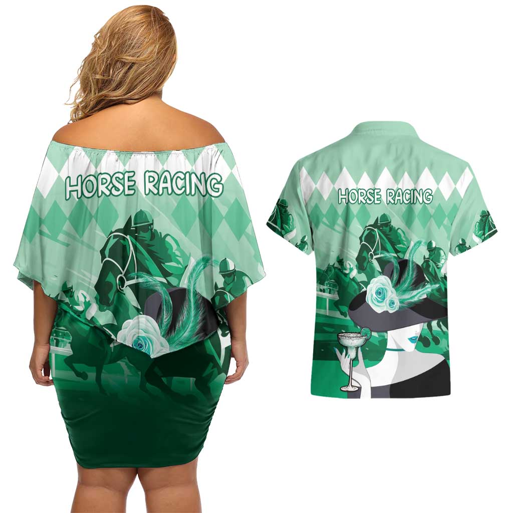 Kentucky Horse Racing Couples Matching Off Shoulder Short Dress and Hawaiian Shirt Derby Mint Julep Girl - Green Pastel LT14