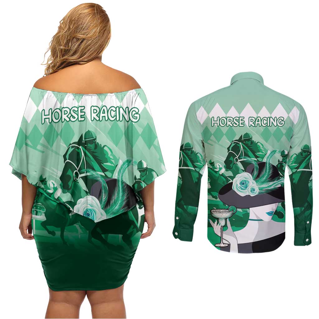 Kentucky Horse Racing Couples Matching Off Shoulder Short Dress and Long Sleeve Button Shirt Derby Mint Julep Girl - Green Pastel LT14