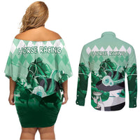 Kentucky Horse Racing Couples Matching Off Shoulder Short Dress and Long Sleeve Button Shirt Derby Mint Julep Girl - Green Pastel LT14