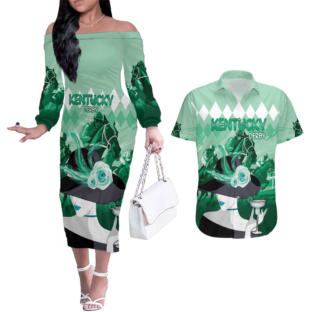 Kentucky Horse Racing Couples Matching Off The Shoulder Long Sleeve Dress and Hawaiian Shirt Derby Mint Julep Girl - Green Pastel LT14