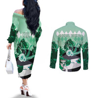 Kentucky Horse Racing Couples Matching Off The Shoulder Long Sleeve Dress and Long Sleeve Button Shirt Derby Mint Julep Girl - Green Pastel LT14
