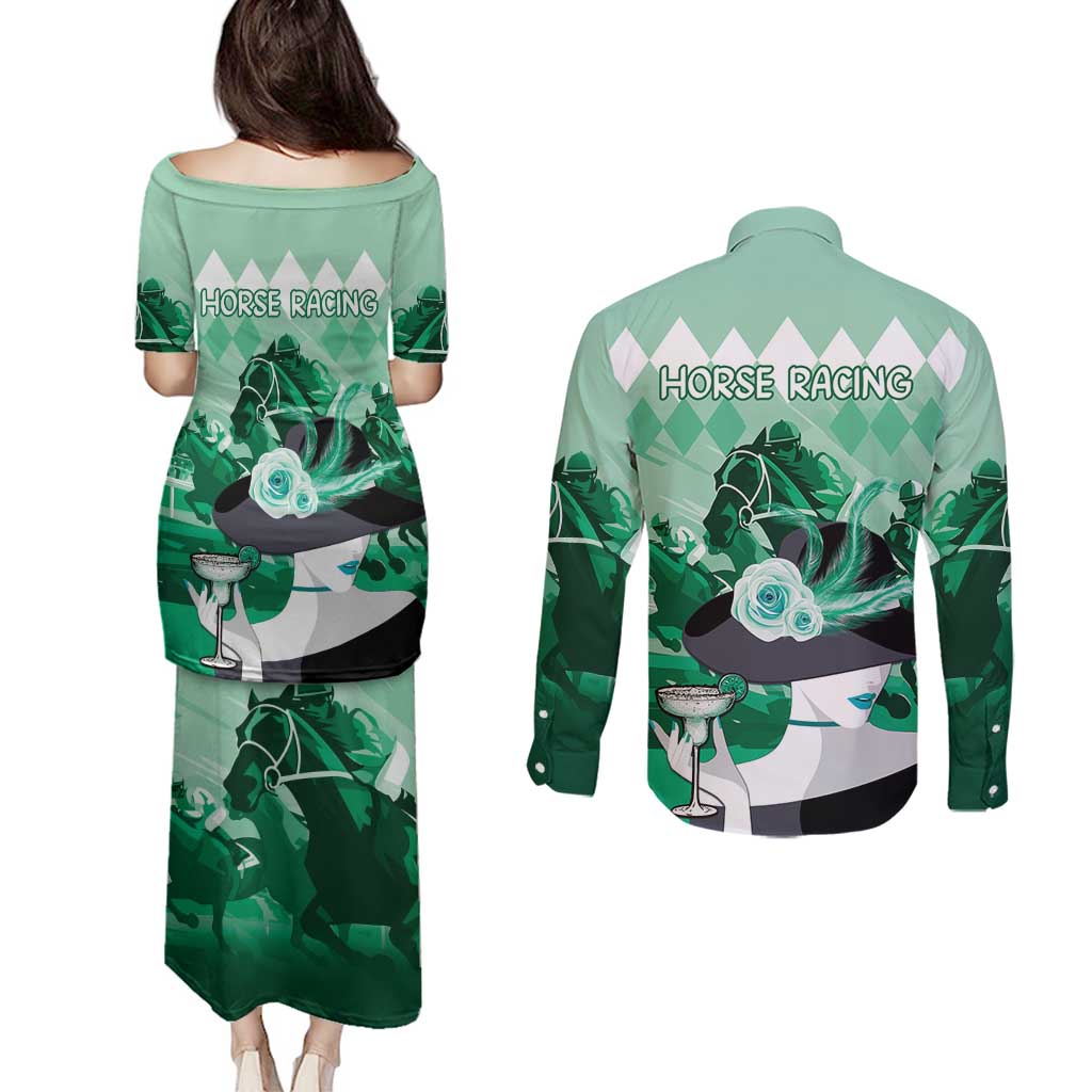 Kentucky Horse Racing Couples Matching Puletasi and Long Sleeve Button Shirt Derby Mint Julep Girl - Green Pastel LT14