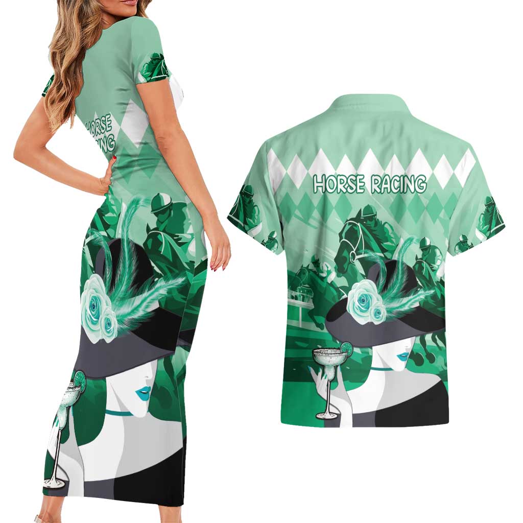 Kentucky Horse Racing Couples Matching Short Sleeve Bodycon Dress and Hawaiian Shirt Derby Mint Julep Girl - Green Pastel LT14
