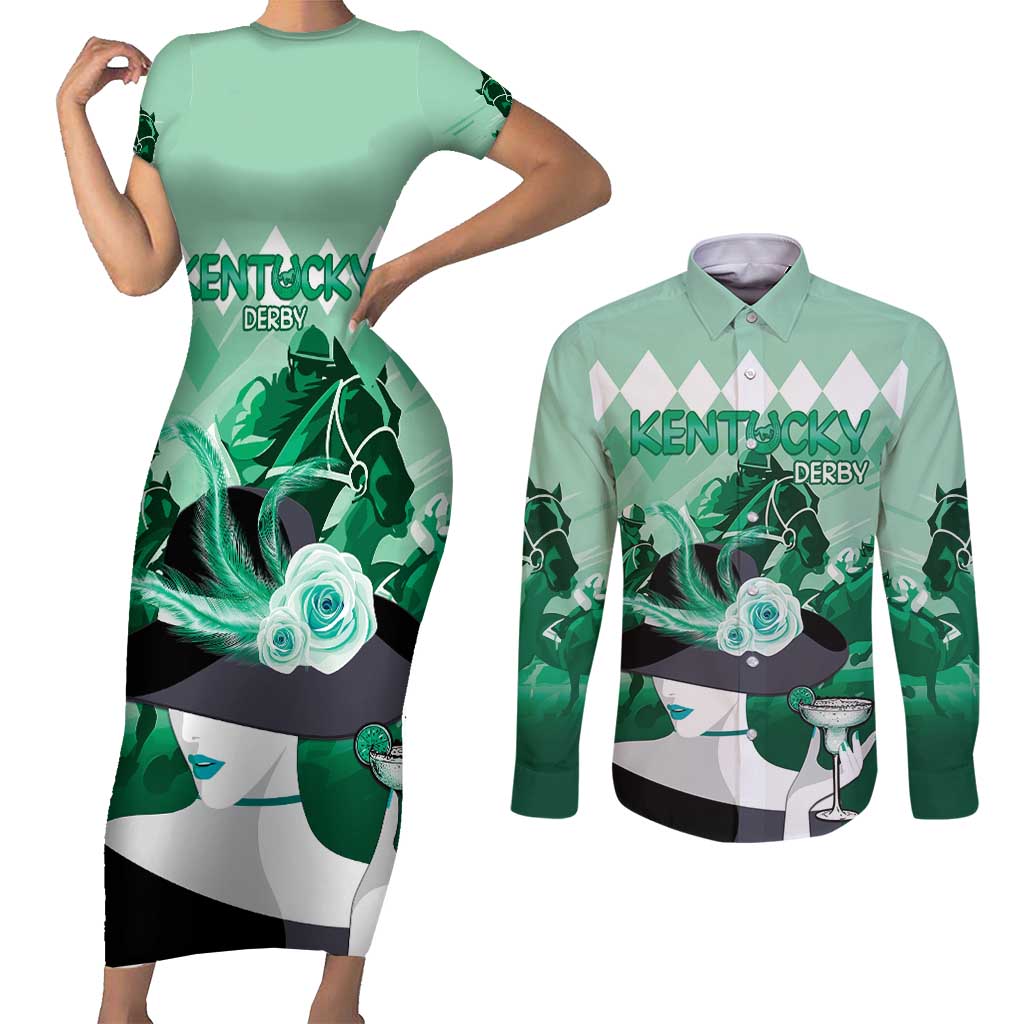 Kentucky Horse Racing Couples Matching Short Sleeve Bodycon Dress and Long Sleeve Button Shirt Derby Mint Julep Girl - Green Pastel LT14