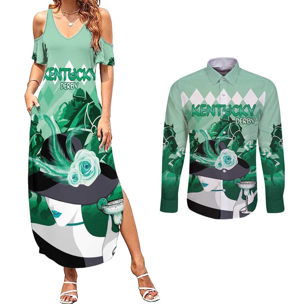 Kentucky Horse Racing Couples Matching Summer Maxi Dress and Long Sleeve Button Shirt Derby Mint Julep Girl - Green Pastel LT14