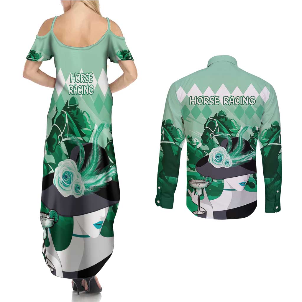 Kentucky Horse Racing Couples Matching Summer Maxi Dress and Long Sleeve Button Shirt Derby Mint Julep Girl - Green Pastel LT14