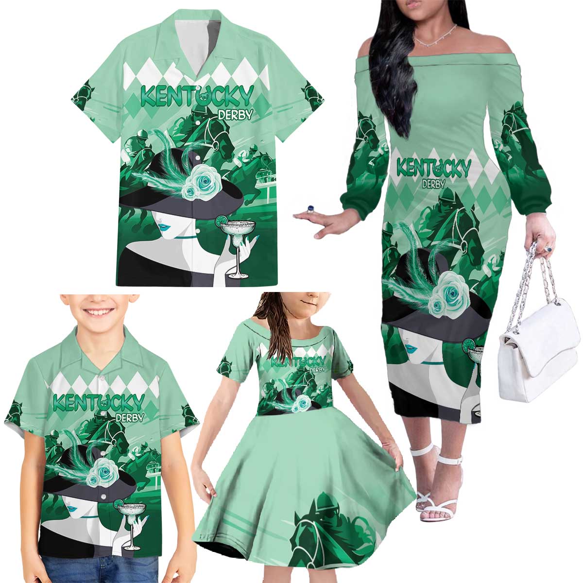 Kentucky Horse Racing Family Matching Off The Shoulder Long Sleeve Dress and Hawaiian Shirt Derby Mint Julep Girl - Green Pastel LT14