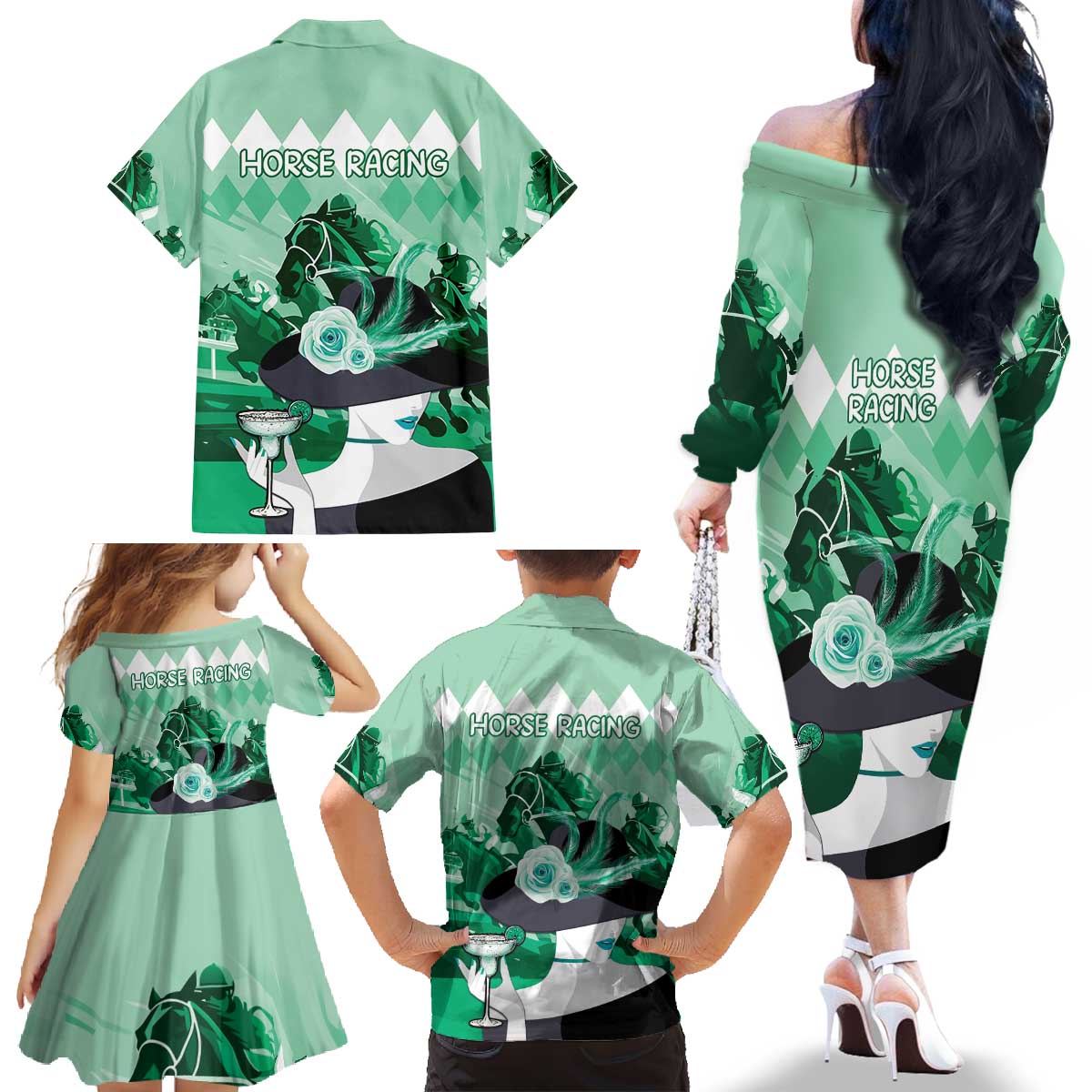 Kentucky Horse Racing Family Matching Off The Shoulder Long Sleeve Dress and Hawaiian Shirt Derby Mint Julep Girl - Green Pastel LT14