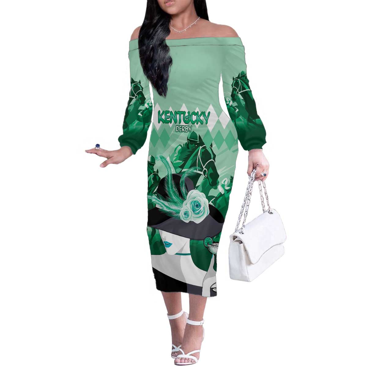 Kentucky Horse Racing Family Matching Off The Shoulder Long Sleeve Dress and Hawaiian Shirt Derby Mint Julep Girl - Green Pastel LT14