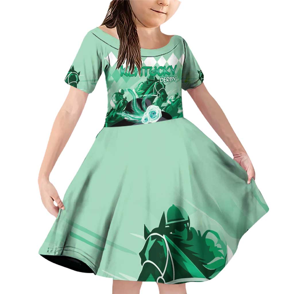 Kentucky Horse Racing Family Matching Off Shoulder Short Dress and Hawaiian Shirt Derby Mint Julep Girl - Green Pastel LT14