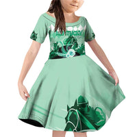 Kentucky Horse Racing Family Matching Off Shoulder Short Dress and Hawaiian Shirt Derby Mint Julep Girl - Green Pastel LT14