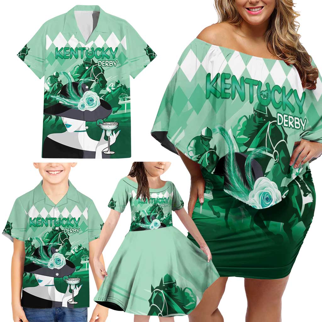 Kentucky Horse Racing Family Matching Off Shoulder Short Dress and Hawaiian Shirt Derby Mint Julep Girl - Green Pastel LT14