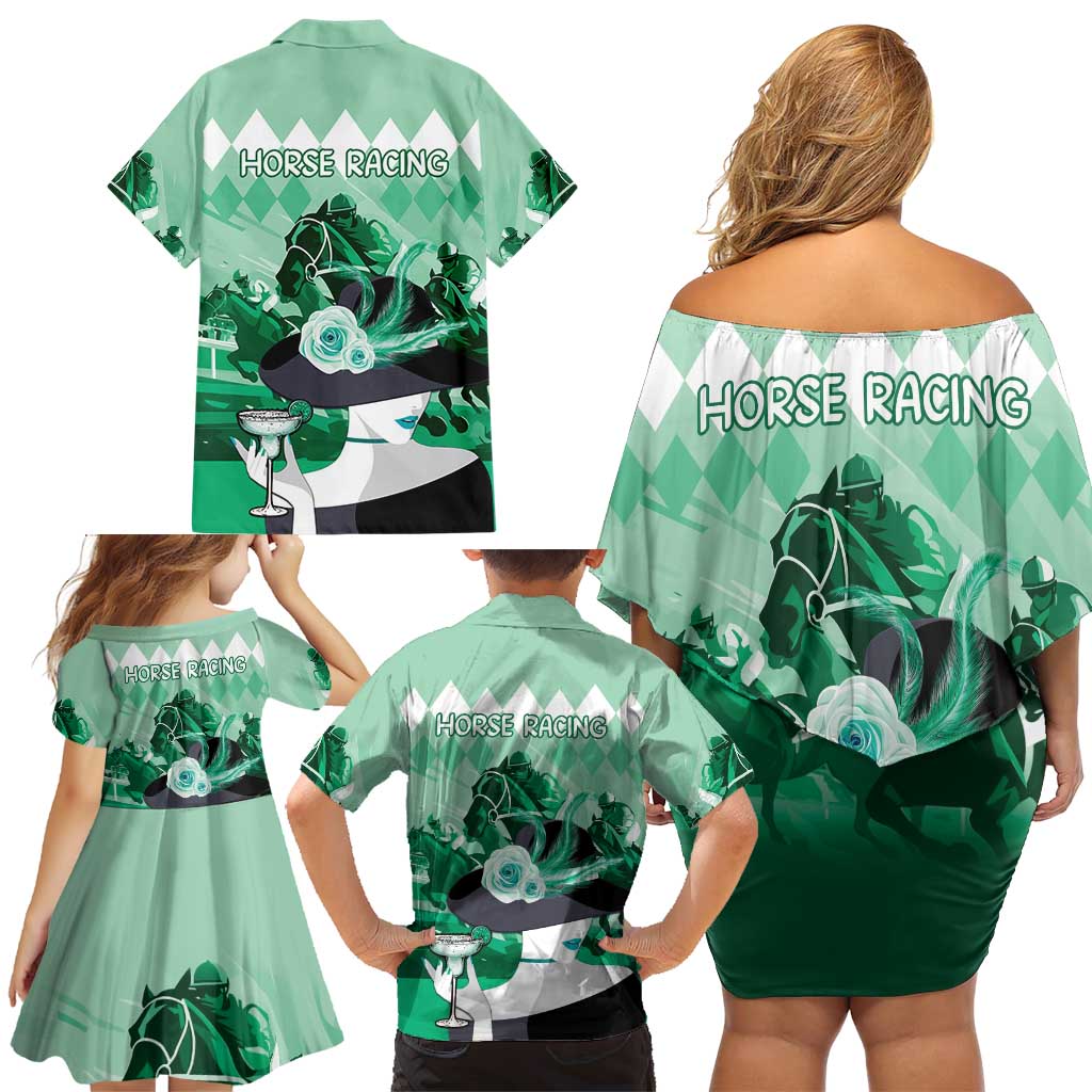Kentucky Horse Racing Family Matching Off Shoulder Short Dress and Hawaiian Shirt Derby Mint Julep Girl - Green Pastel LT14