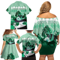 Kentucky Horse Racing Family Matching Off Shoulder Short Dress and Hawaiian Shirt Derby Mint Julep Girl - Green Pastel LT14