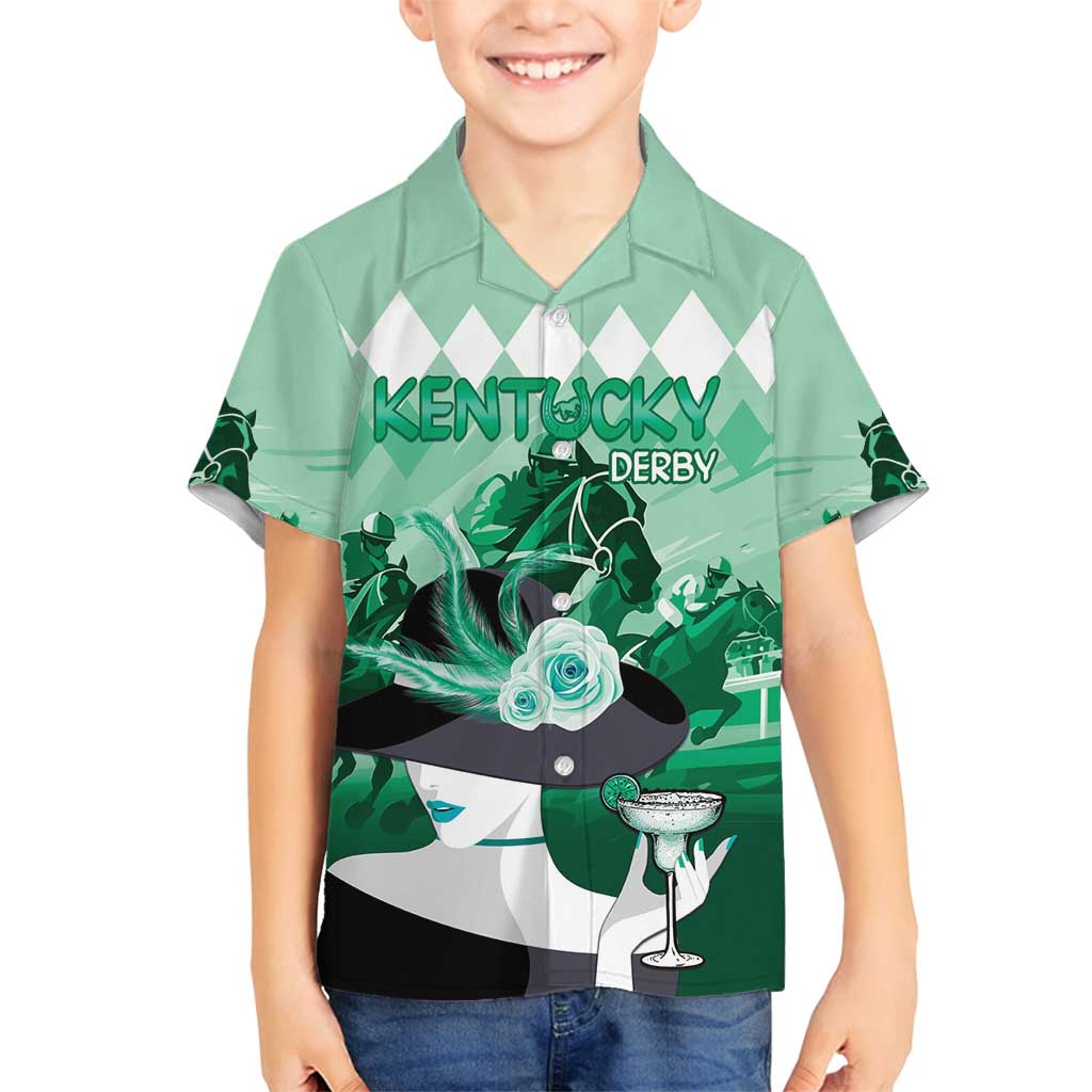 Kentucky Horse Racing Family Matching Off Shoulder Short Dress and Hawaiian Shirt Derby Mint Julep Girl - Green Pastel LT14