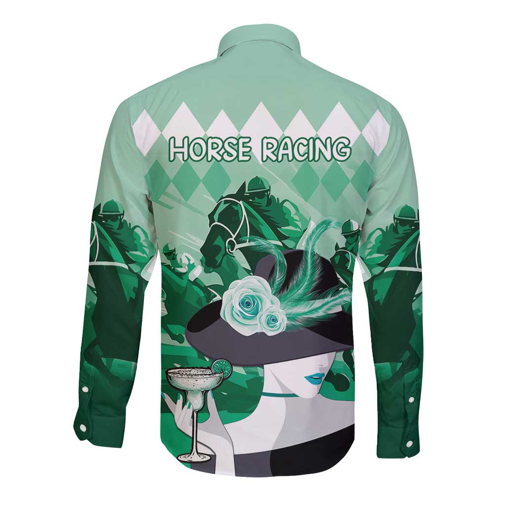 Kentucky Horse Racing Long Sleeve Button Shirt Derby Mint Julep Girl - Green Pastel LT14