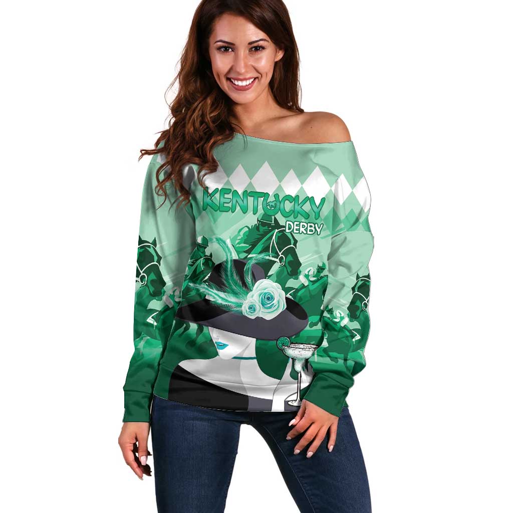 Kentucky Horse Racing Off Shoulder Sweater Derby Mint Julep Girl - Green Pastel LT14