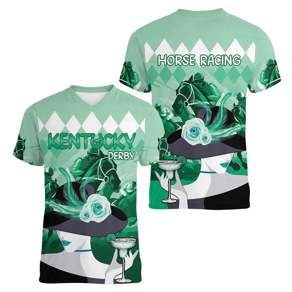Kentucky Horse Racing Women V-Neck T-Shirt Derby Mint Julep Girl - Green Pastel LT14