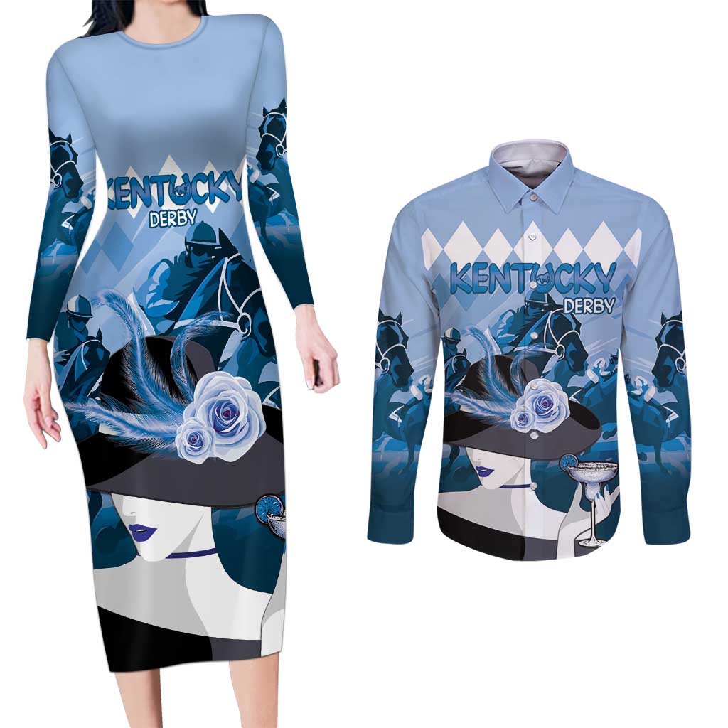 Kentucky Horse Racing Couples Matching Long Sleeve Bodycon Dress and Long Sleeve Button Shirt Derby Mint Julep Girl - Blue Pastel LT14