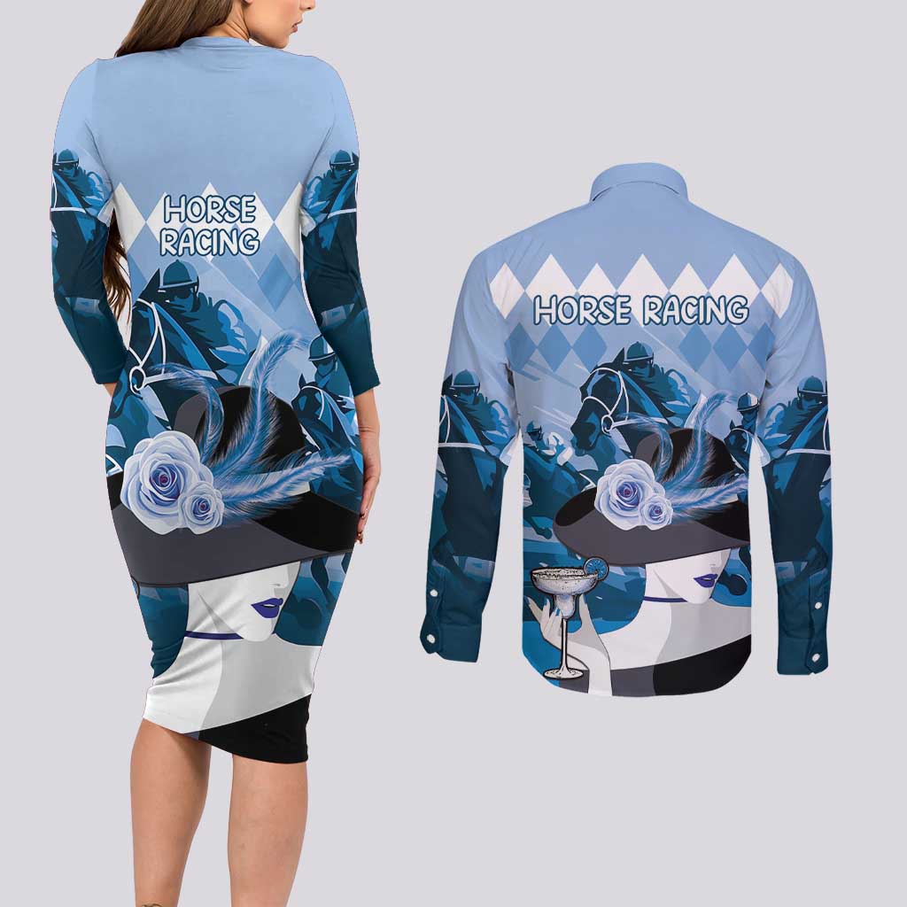 Kentucky Horse Racing Couples Matching Long Sleeve Bodycon Dress and Long Sleeve Button Shirt Derby Mint Julep Girl - Blue Pastel LT14
