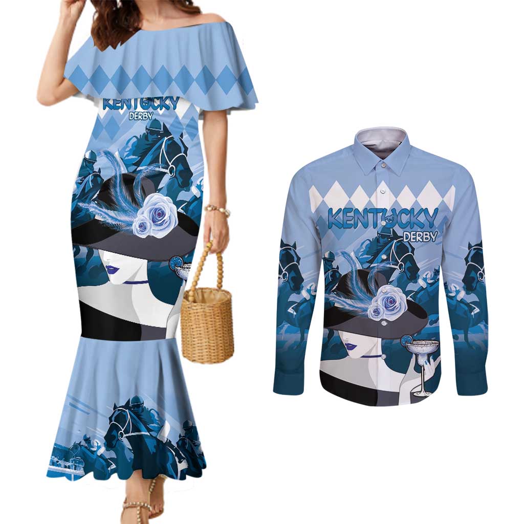 Kentucky Horse Racing Couples Matching Mermaid Dress and Long Sleeve Button Shirt Derby Mint Julep Girl - Blue Pastel LT14