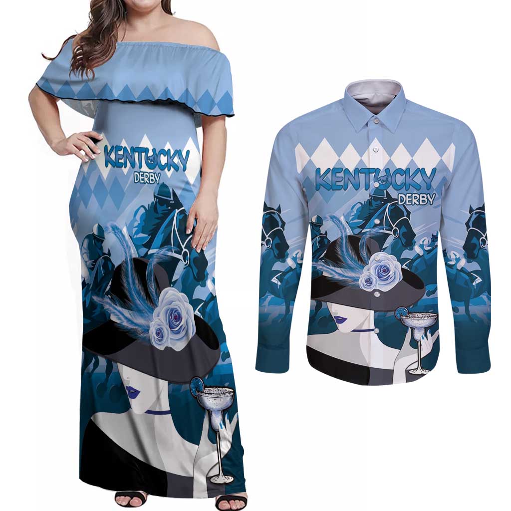 Kentucky Horse Racing Couples Matching Off Shoulder Maxi Dress and Long Sleeve Button Shirt Derby Mint Julep Girl - Blue Pastel LT14