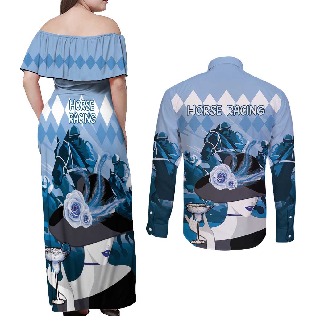 Kentucky Horse Racing Couples Matching Off Shoulder Maxi Dress and Long Sleeve Button Shirt Derby Mint Julep Girl - Blue Pastel LT14