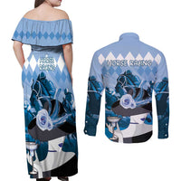 Kentucky Horse Racing Couples Matching Off Shoulder Maxi Dress and Long Sleeve Button Shirt Derby Mint Julep Girl - Blue Pastel LT14
