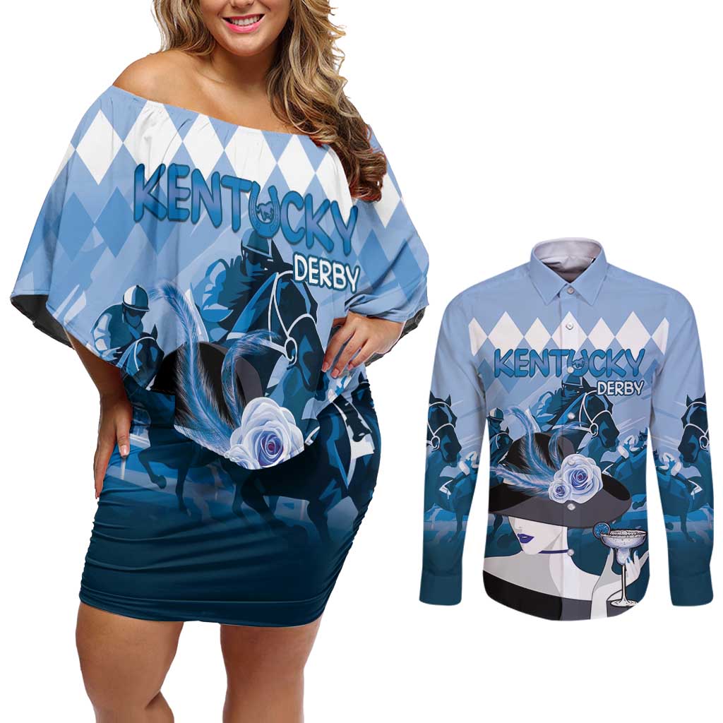 Kentucky Horse Racing Couples Matching Off Shoulder Short Dress and Long Sleeve Button Shirt Derby Mint Julep Girl - Blue Pastel LT14