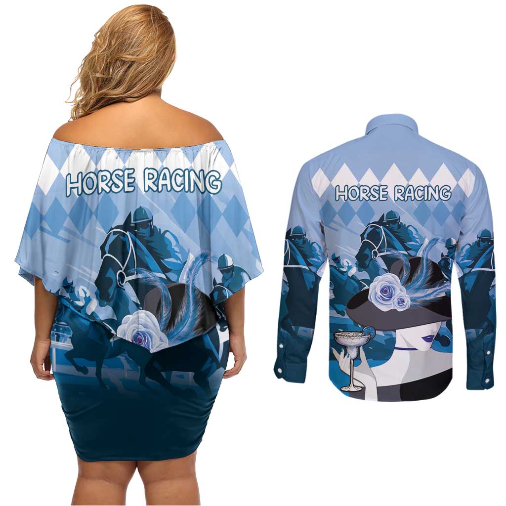 Kentucky Horse Racing Couples Matching Off Shoulder Short Dress and Long Sleeve Button Shirt Derby Mint Julep Girl - Blue Pastel LT14